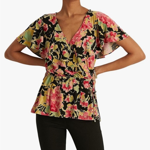 Lauren Ralph Lauren Tops - Lauren Ralph Lauren Black Label Floral Ruffle-Trim Top Black Multi